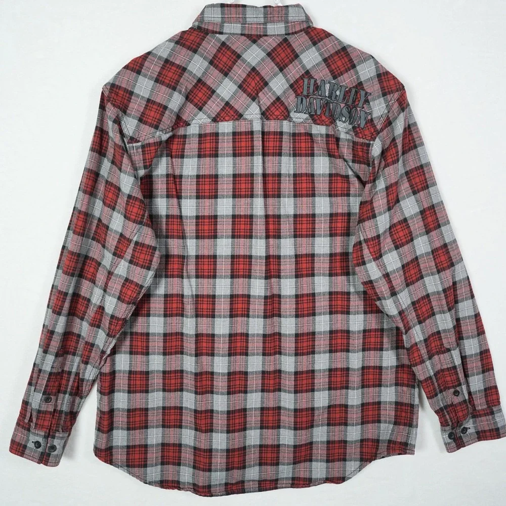Harley-Davidson Mens XL Red Gray Plaid‎ Flannel Button Up Shirt 96113-20VM Logo